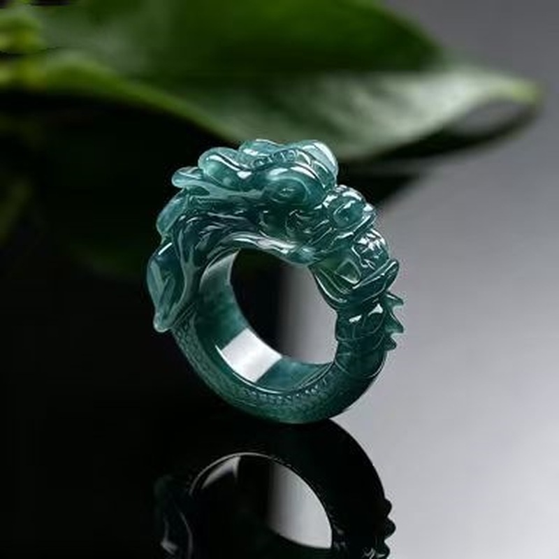 Rings - Jadeite A-grade blue water dragon-patterned ring,