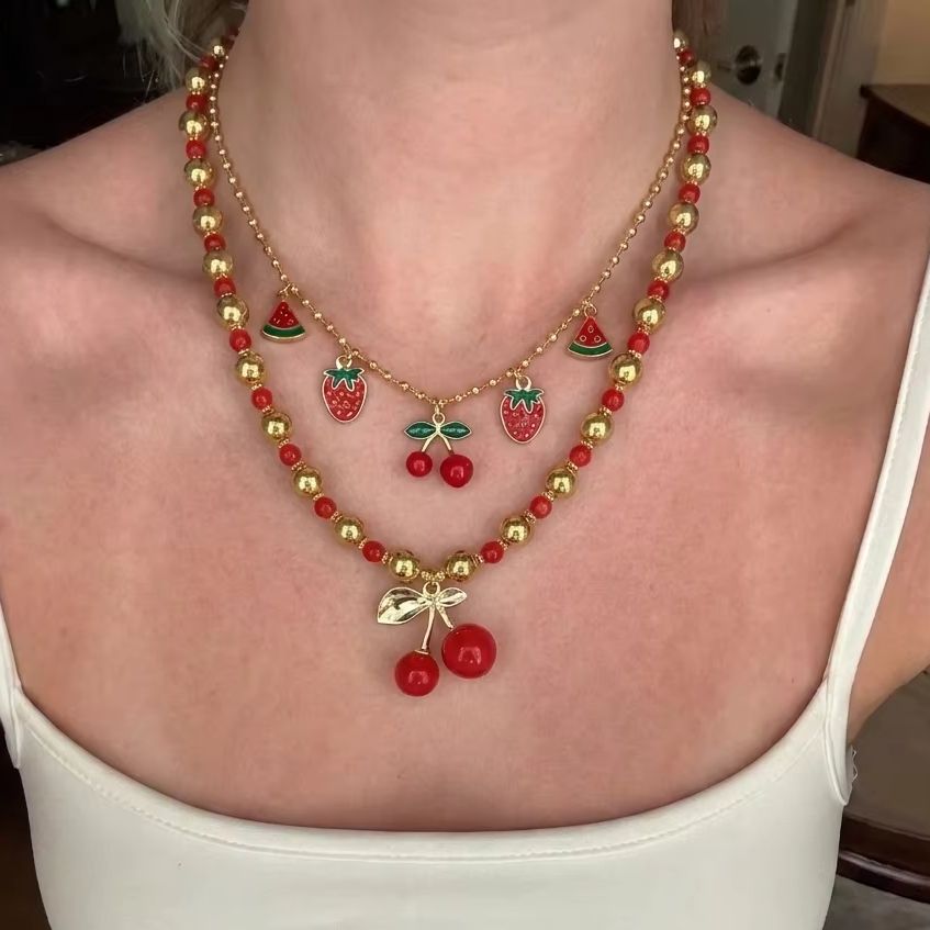 Sweet Red Cherry Strawberry He - огляд і ціна Layered Pendant Necklace Aesthetic